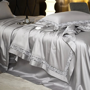 Silver Purple Leaf Striped Lyocell Fiber and Cotton Bedding Set